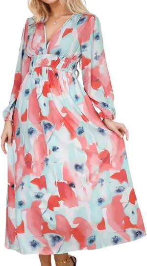 Womens Boho Elastic Empire Waist Lattern Long Sleeve Swing Dress Spring Summer Casual Floral V Neck Maxi Dresses