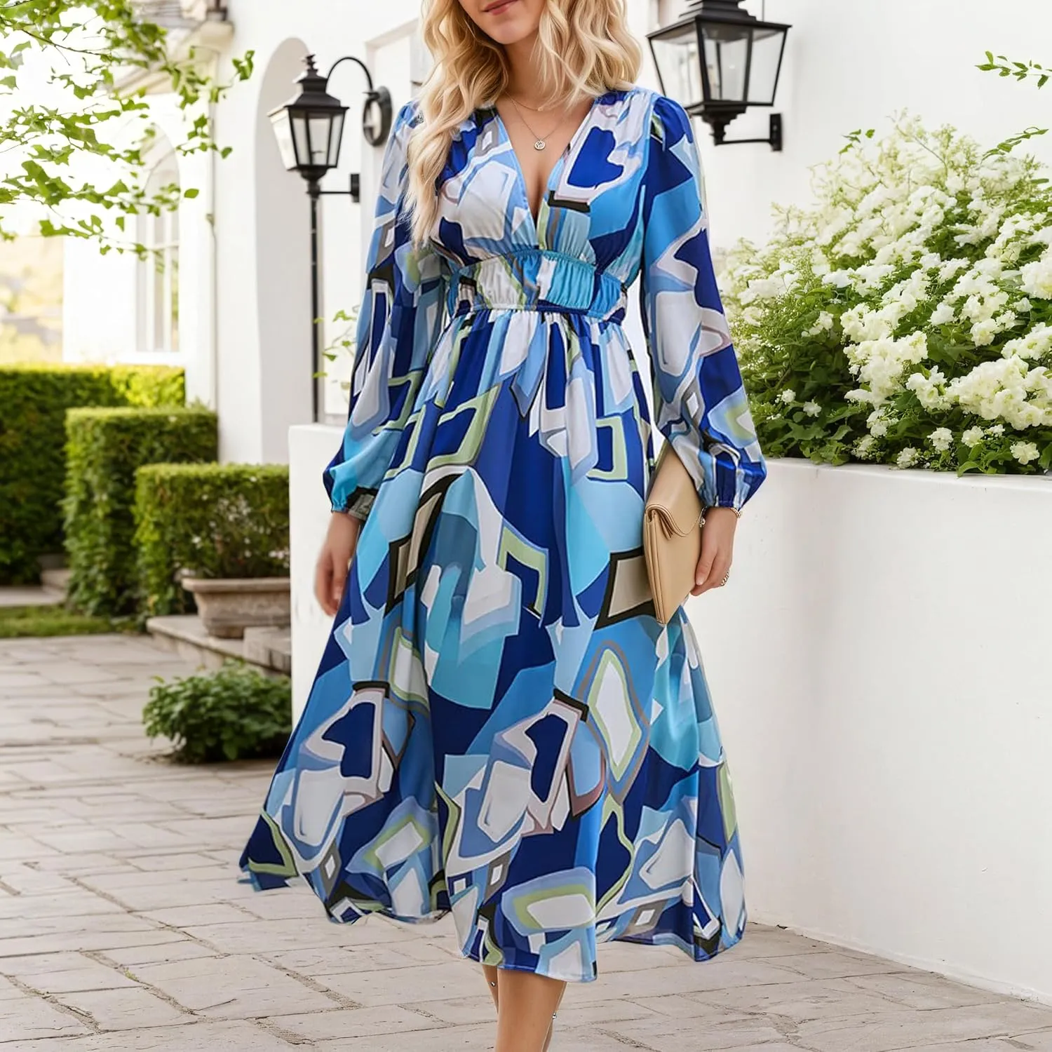 Womens Boho Elastic Empire Waist Lattern Long Sleeve Swing Dress Spring Summer Casual Floral V Neck Maxi Dresses