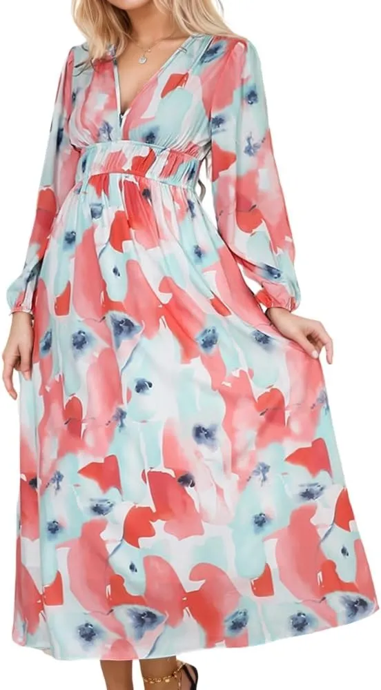 Womens Boho Elastic Empire Waist Lattern Long Sleeve Swing Dress Spring Summer Casual Floral V Neck Maxi Dresses