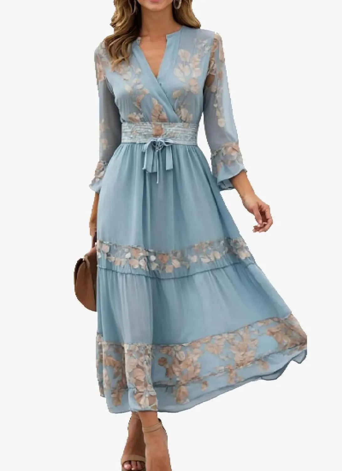 Womens Breezy Floral Midi Dress V-Neck Long Sleeve Wrap Tiered Ruffle Romantic Garden Tea Parties Spring Dress