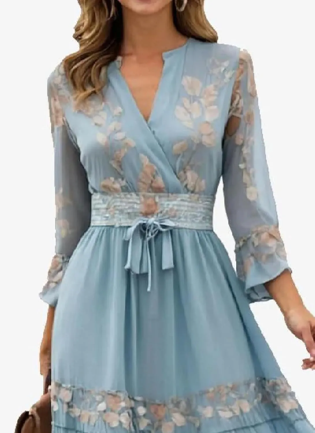 Womens Breezy Floral Midi Dress V-Neck Long Sleeve Wrap Tiered Ruffle Romantic Garden Tea Parties Spring Dress