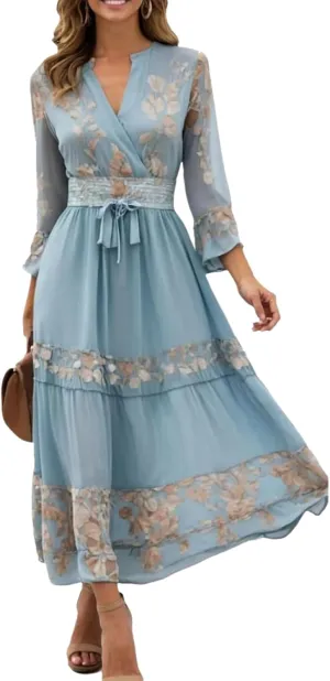 Womens Breezy Floral Midi Dress V-Neck Long Sleeve Wrap Tiered Ruffle Romantic Garden Tea Parties Spring Dress