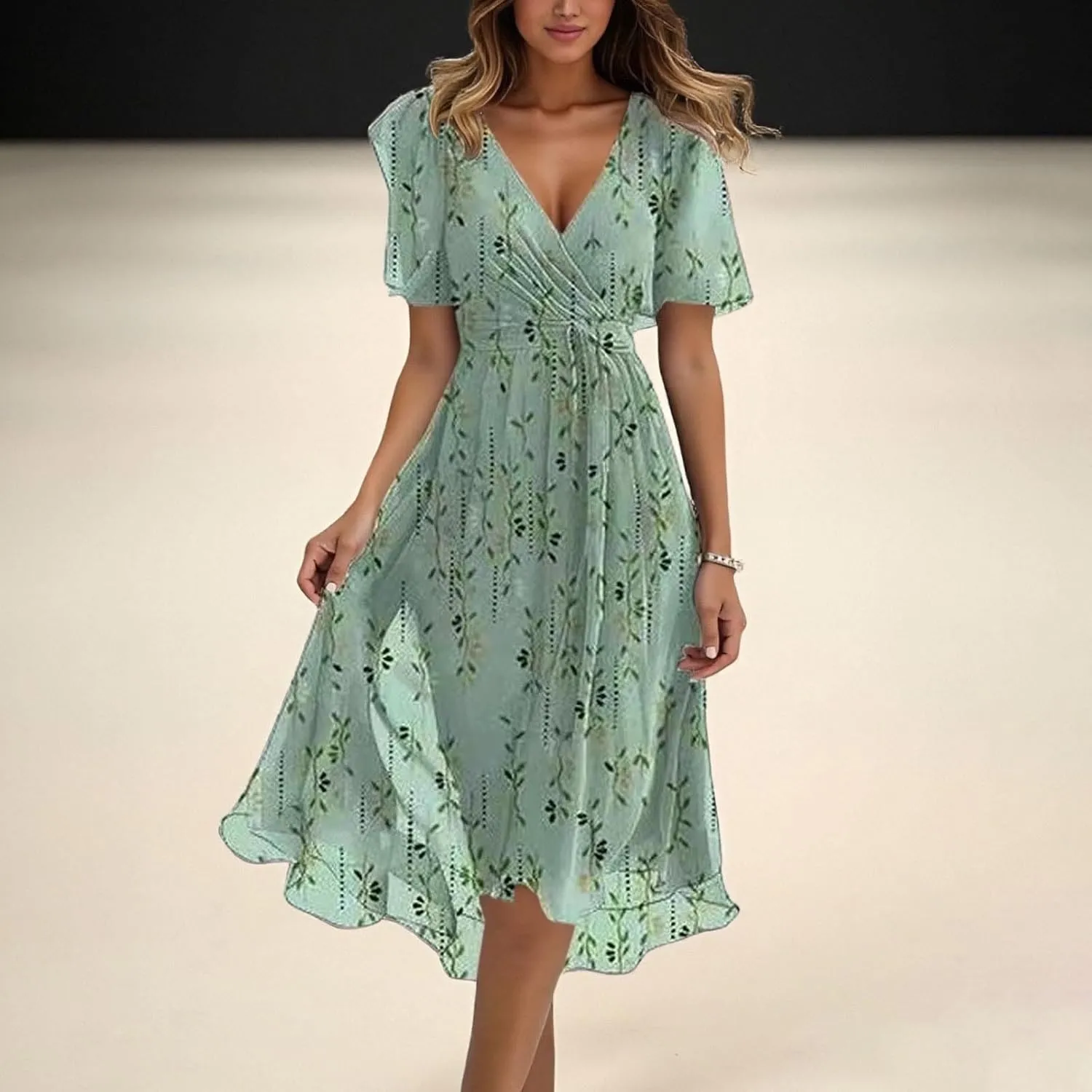 Women's Chiffon Floral Dresses Casual V Neck Summer Boho Short Sleeve Beach Flowy Summer Dress Guest Midi Dress