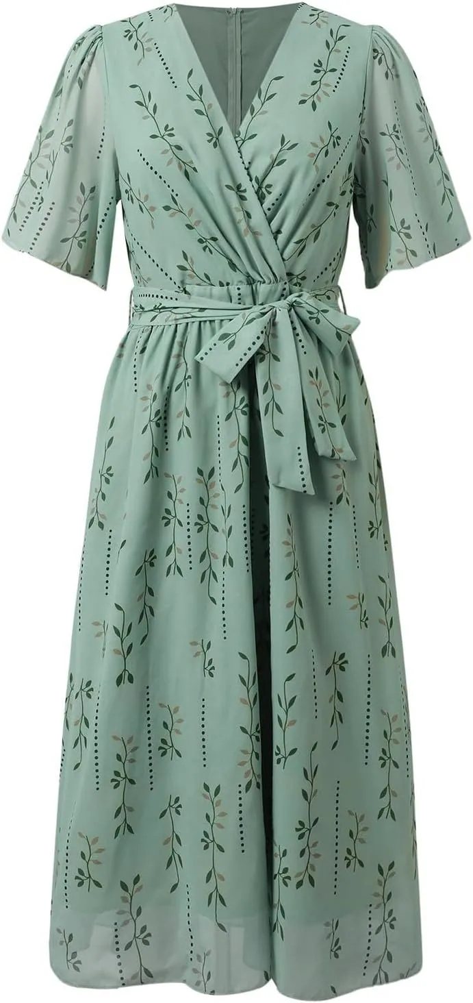 Women's Chiffon Floral Dresses Casual V Neck Summer Boho Short Sleeve Beach Flowy Summer Dress Guest Midi Dress