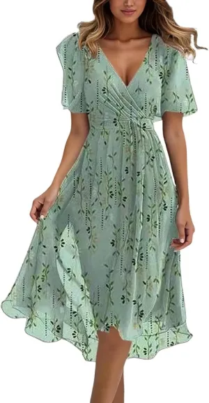 Women's Chiffon Floral Dresses Casual V Neck Summer Boho Short Sleeve Beach Flowy Summer Dress Guest Midi Dress