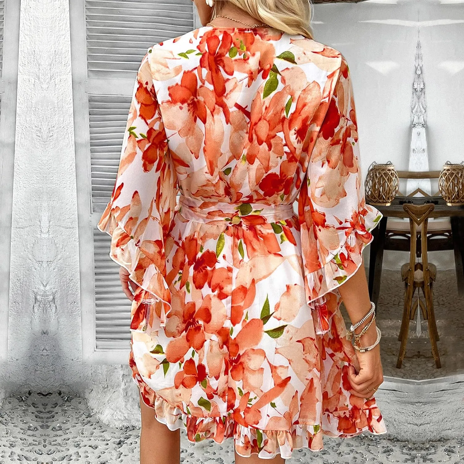 Women's Chiffon Mini Dresses Casual Floral V Neck Flutter Sleeve Flowy Summer Boho Dress Skater Western Dress