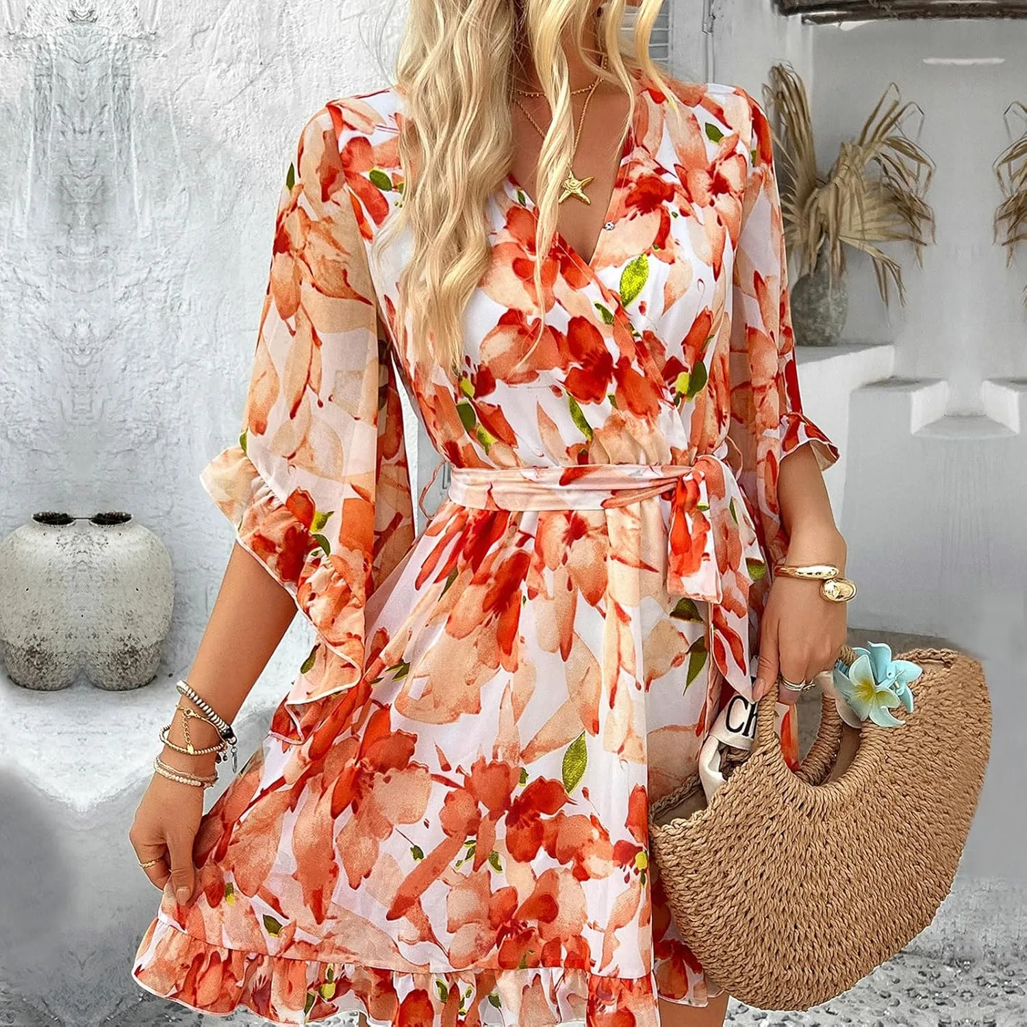 Women's Chiffon Mini Dresses Casual Floral V Neck Flutter Sleeve Flowy Summer Boho Dress Skater Western Dress