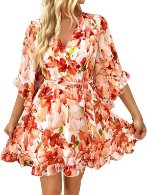 Women's Chiffon Mini Dresses Casual Floral V Neck Flutter Sleeve Flowy Summer Boho Dress Skater Western Dress