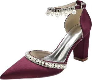 Women's Chunky Block High Heels Pointed Toe Satin Sandals Ankle Strap Dress Shoes Wedding Party Pump with Pearl