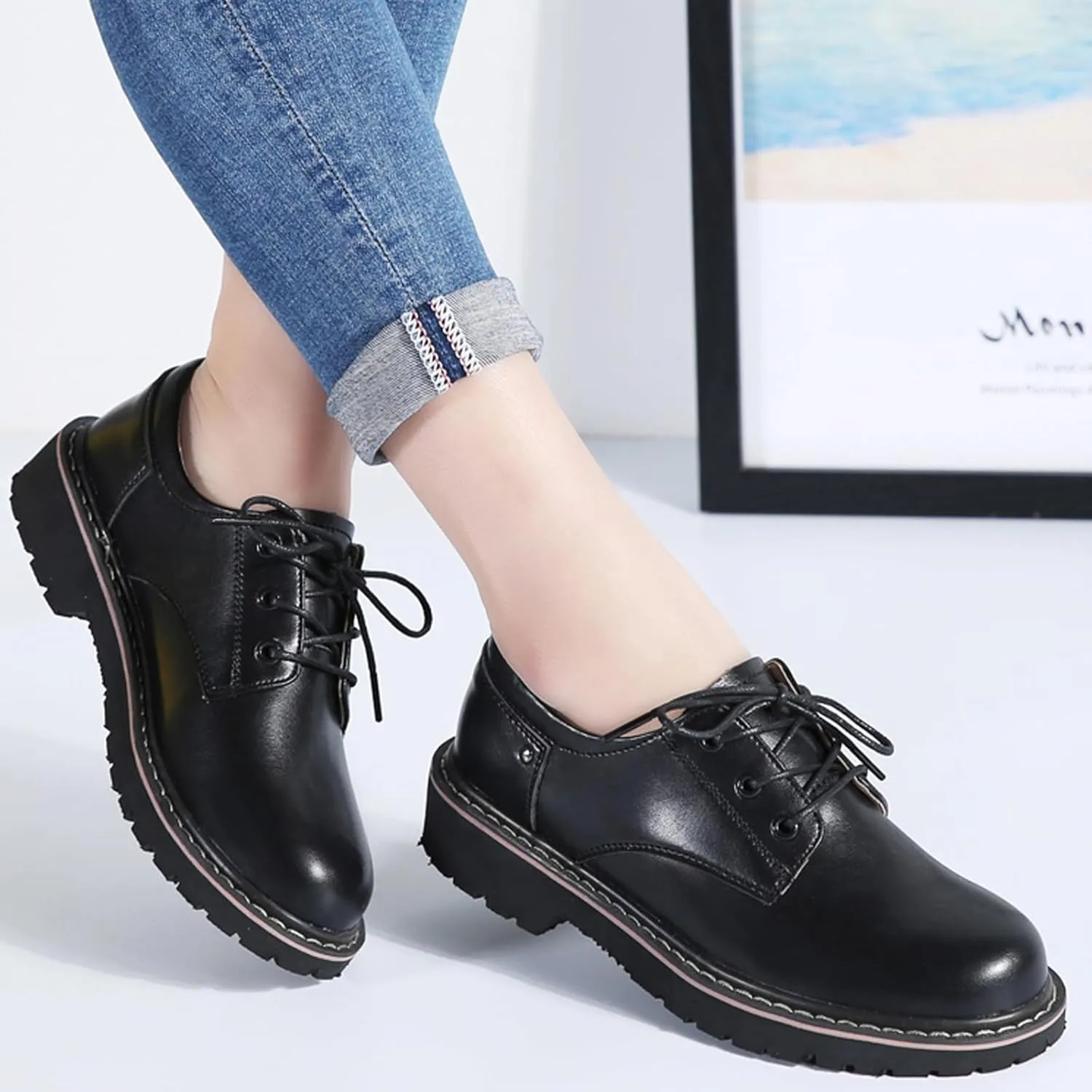 Women's Classic Oxfords Lace Up Business Formal Dress Shoes Platform Oxford Shoes Slip Resistant Service Boots