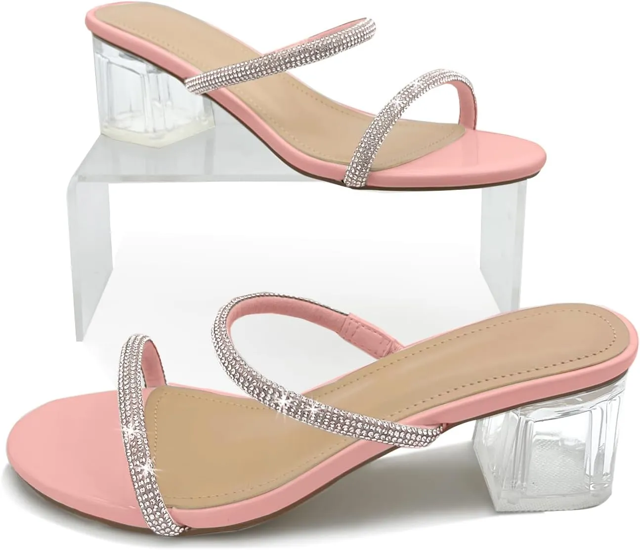 Women's Clear Block Heels Sparkly Strappy Slip On Dressy Sandals