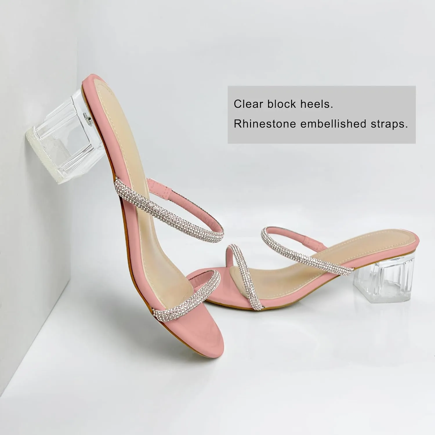 Women's Clear Block Heels Sparkly Strappy Slip On Dressy Sandals