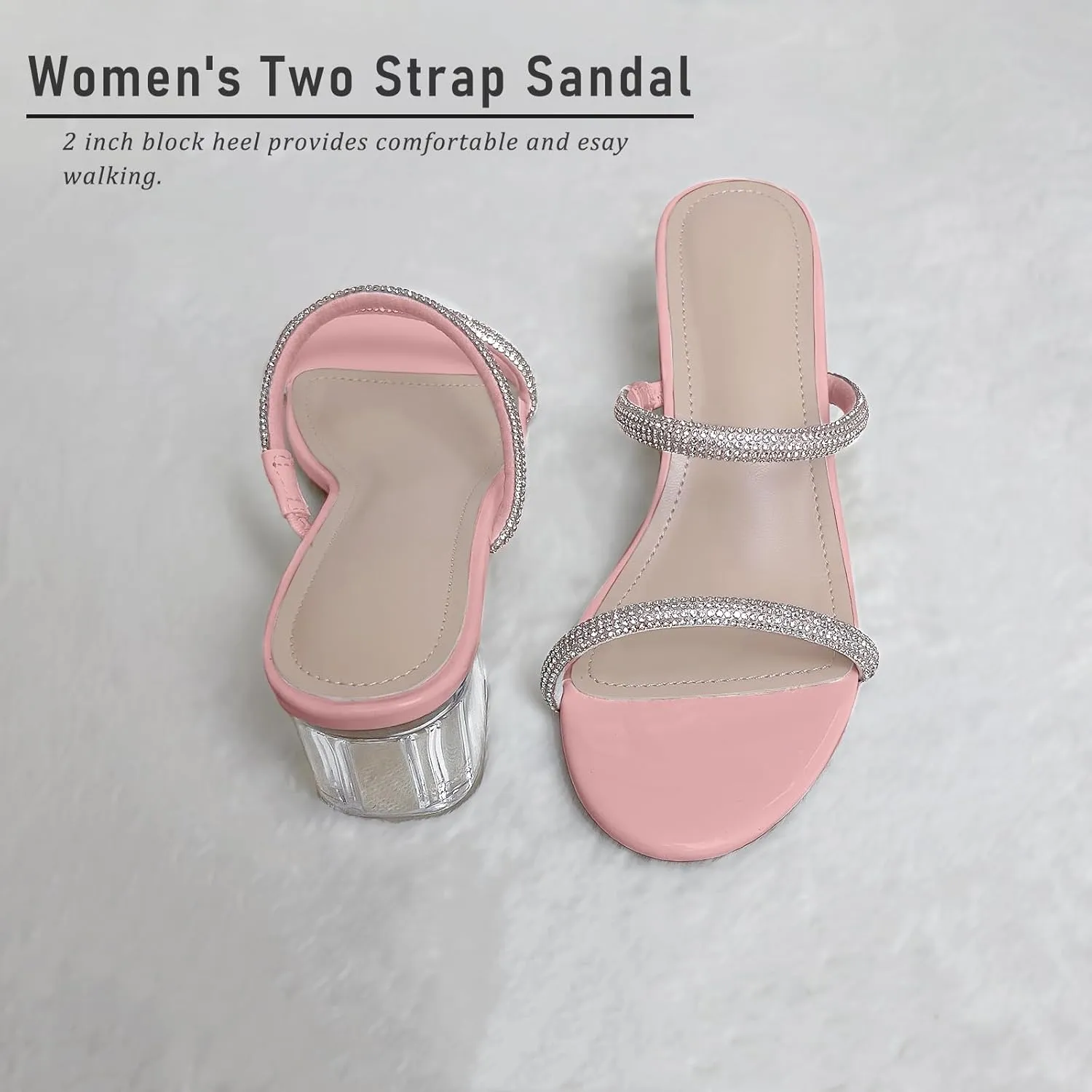 Women's Clear Block Heels Sparkly Strappy Slip On Dressy Sandals