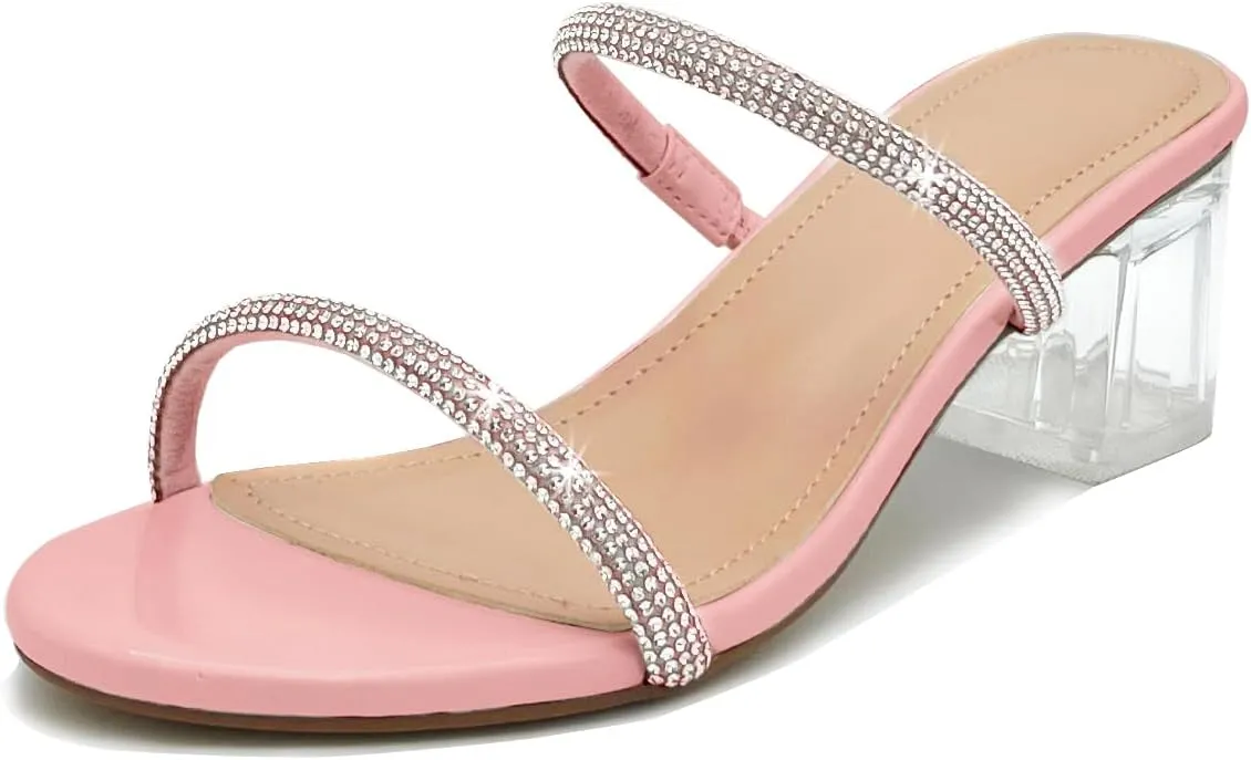 Women's Clear Block Heels Sparkly Strappy Slip On Dressy Sandals