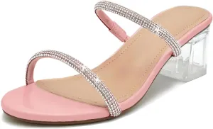 Women's Clear Block Heels Sparkly Strappy Slip On Dressy Sandals