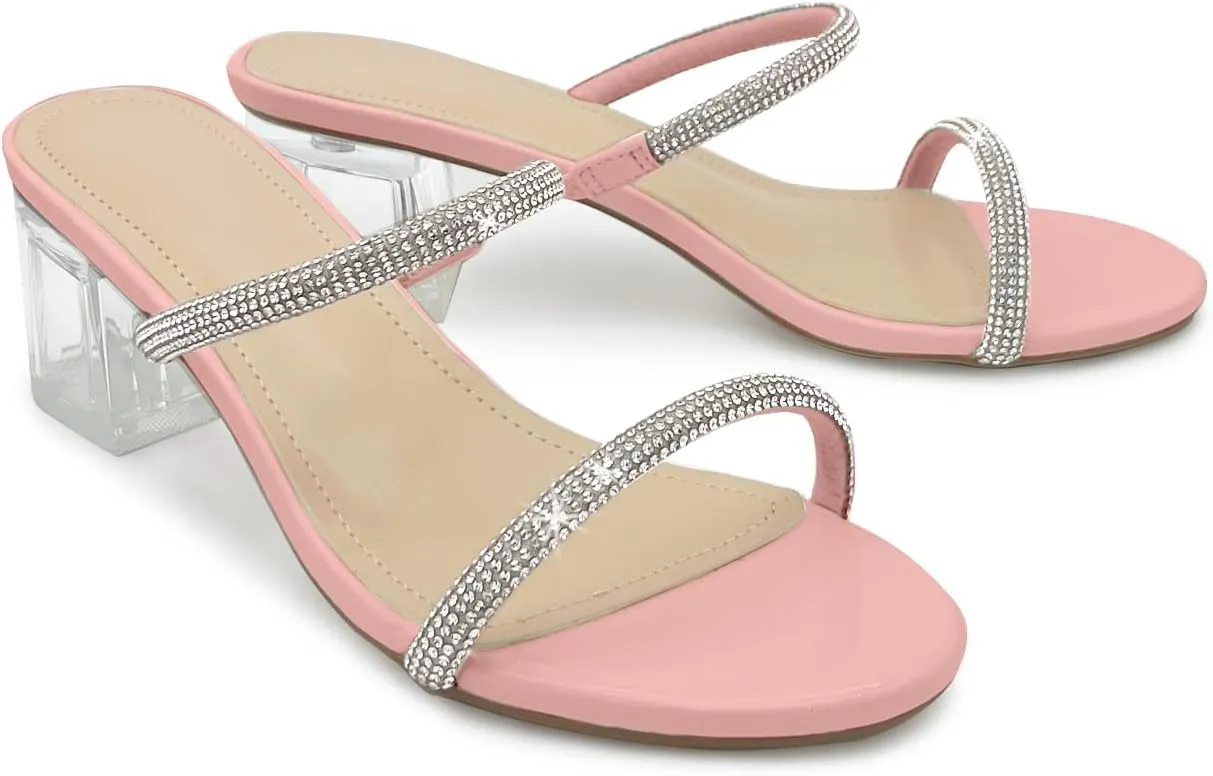 Women's Clear Block Heels Sparkly Strappy Slip On Dressy Sandals