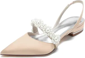 Women's Closed Toe Wedding Flats Slingback Pump Shoes with Pearls Wedding Comfort Low Heel Evening Dress Work Shoes,Satin Pearl Flats Pumps