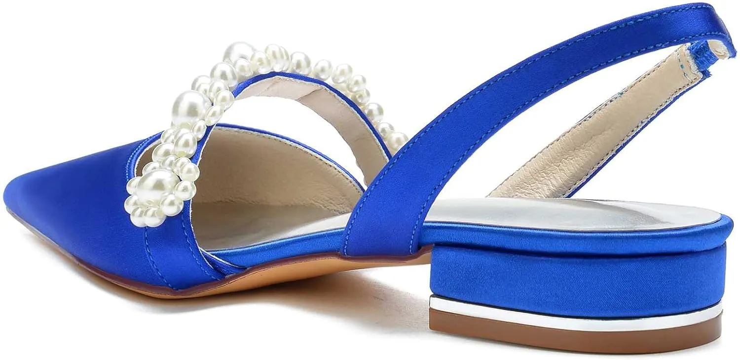 Women's Closed Toe Wedding Flats Slingback Pump Shoes with Pearls Wedding Comfort Low Heel Evening Dress Work Shoes,Satin Pearl Flats Pumps