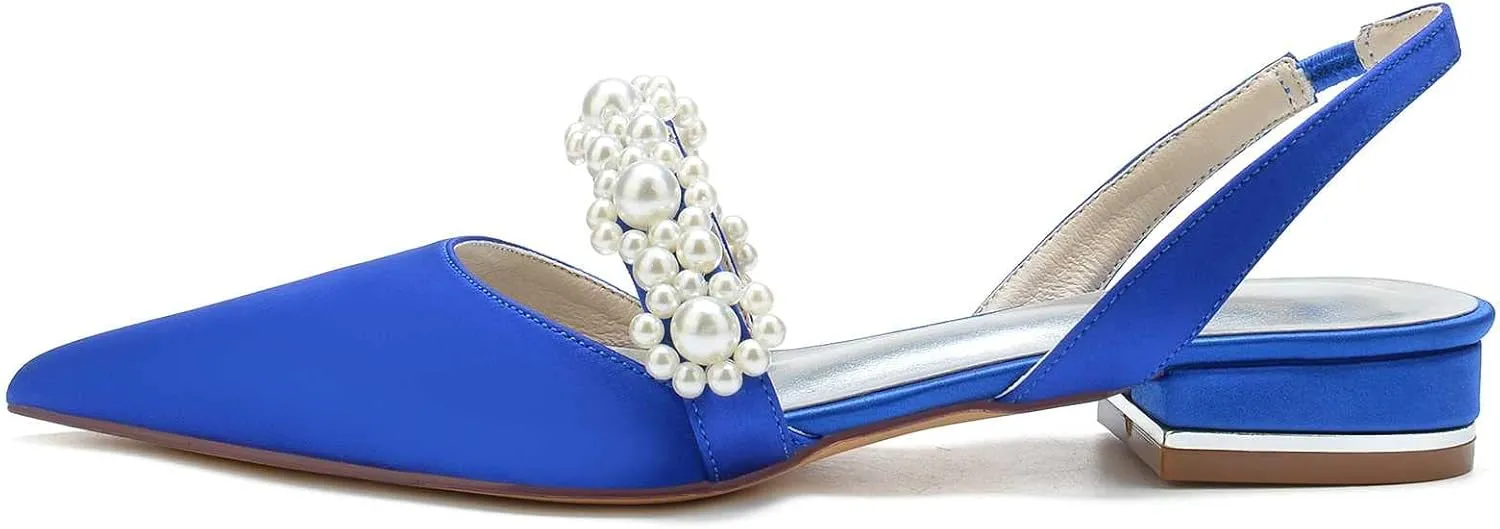 Women's Closed Toe Wedding Flats Slingback Pump Shoes with Pearls Wedding Comfort Low Heel Evening Dress Work Shoes,Satin Pearl Flats Pumps