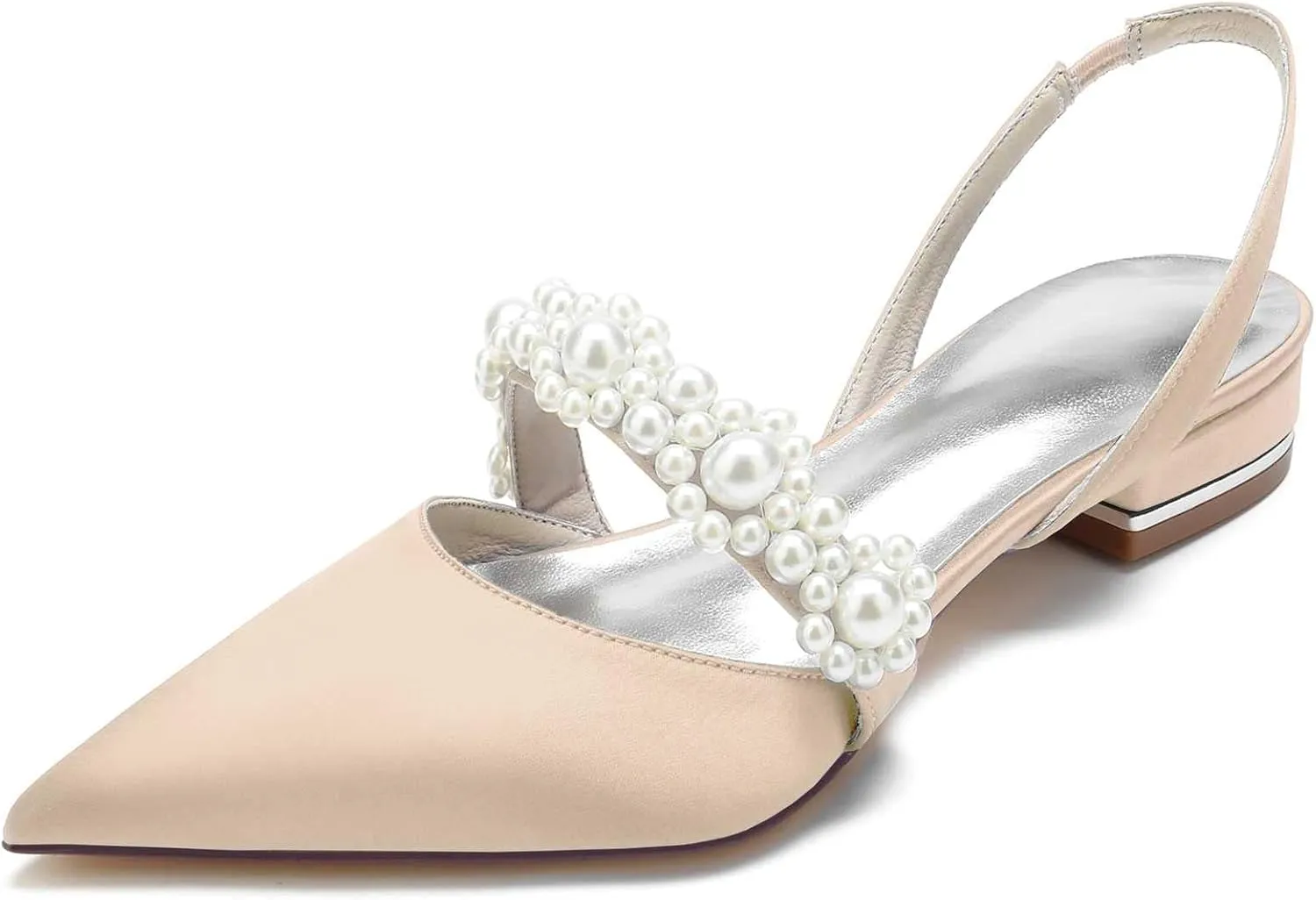 Women's Closed Toe Wedding Flats Slingback Pump Shoes with Pearls Wedding Comfort Low Heel Evening Dress Work Shoes,Satin Pearl Flats Pumps