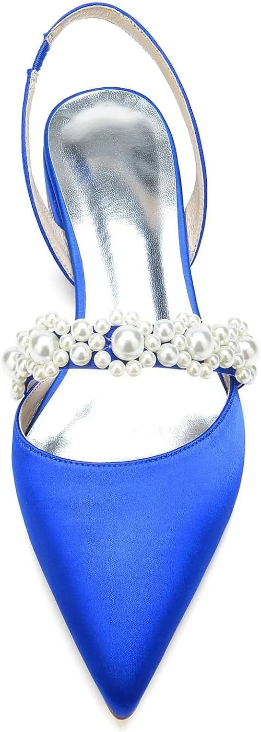 Women's Closed Toe Wedding Flats Slingback Pump Shoes with Pearls Wedding Comfort Low Heel Evening Dress Work Shoes,Satin Pearl Flats Pumps