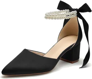 Women's Closed Toe Wedding Shoes Chunky Block Heels with Pearls Satin Pumps Ankle Strap Prom Evening Party Shoes