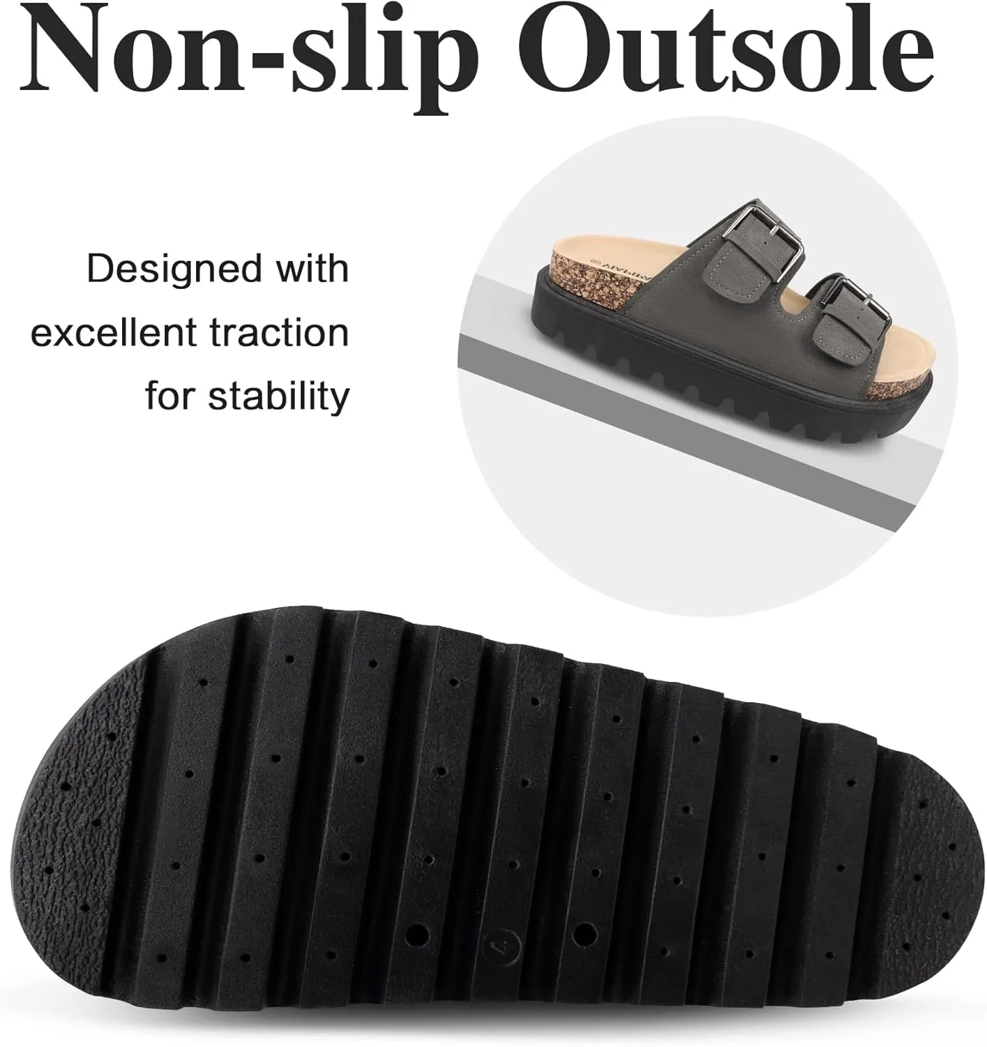 Women's Cork Platform Sandals Women with Adjustable Buckle, Black Platform Sandals Open-Toe Summer Slides for Women, Ultra-Comfortable Walking Shoes Lightweight Chunky Sandals
