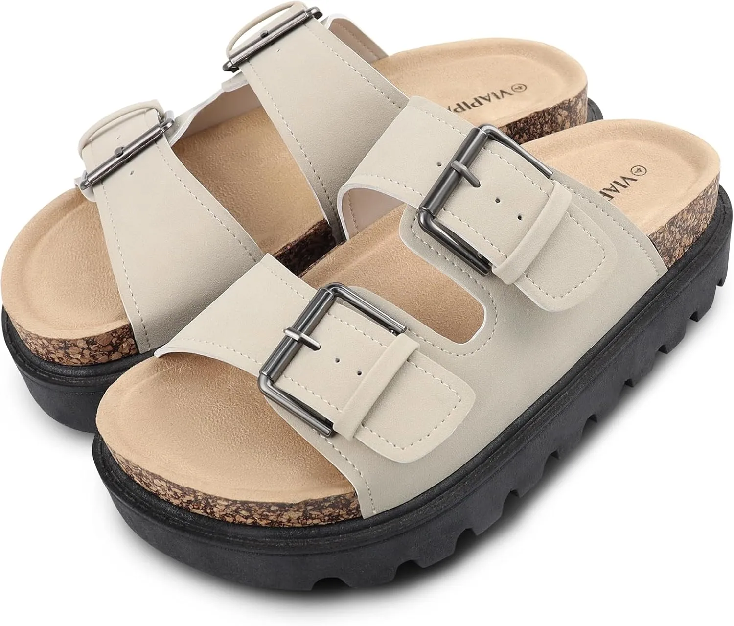 Women's Cork Platform Sandals Women with Adjustable Buckle, Black Platform Sandals Open-Toe Summer Slides for Women, Ultra-Comfortable Walking Shoes Lightweight Chunky Sandals