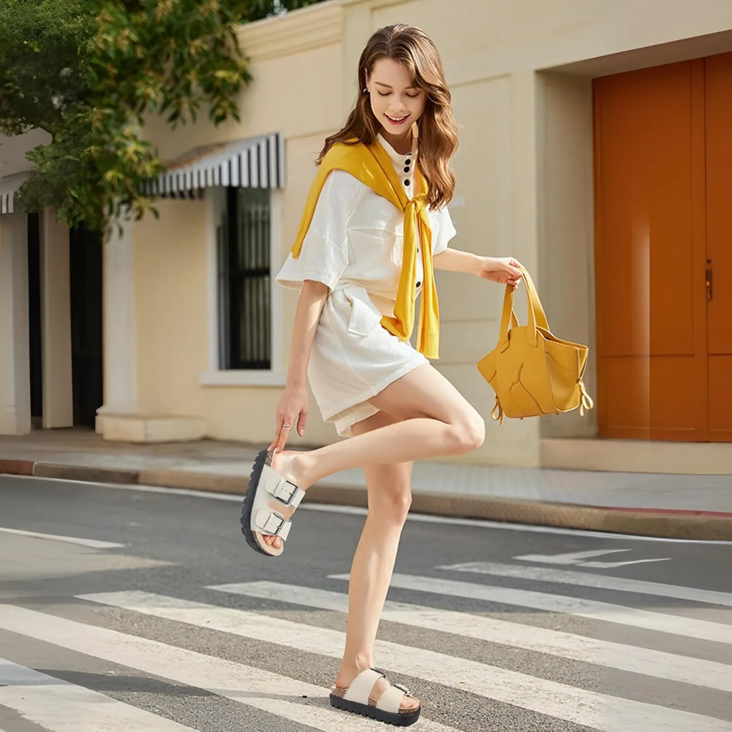 Women's Cork Platform Sandals Women with Adjustable Buckle, Black Platform Sandals Open-Toe Summer Slides for Women, Ultra-Comfortable Walking Shoes Lightweight Chunky Sandals