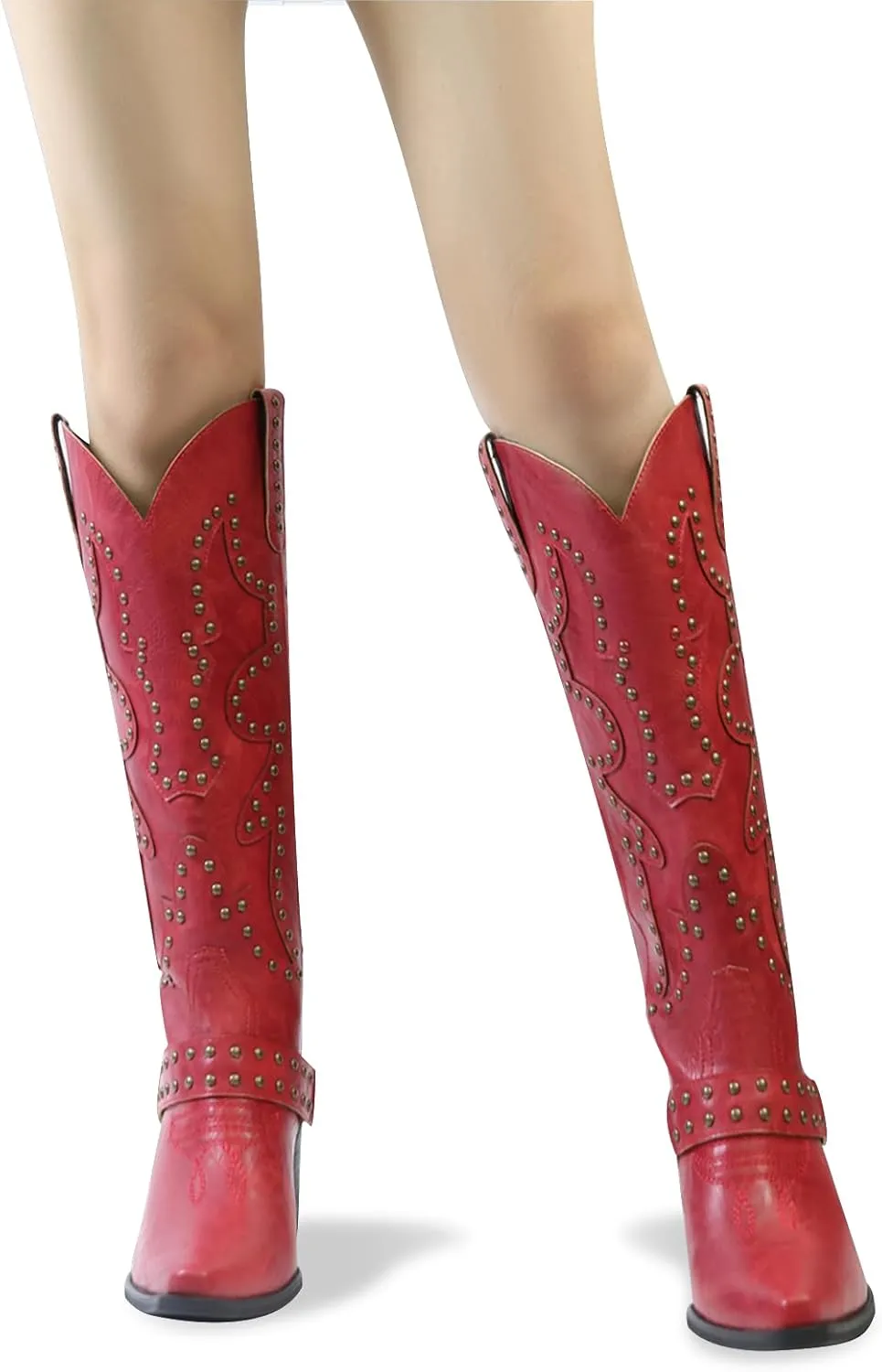 Women's Cowboy Boots Cowgirl Knee High Boots Wide Calf Western Boots Pointed Toe Studded Fashion Thigh High Boots