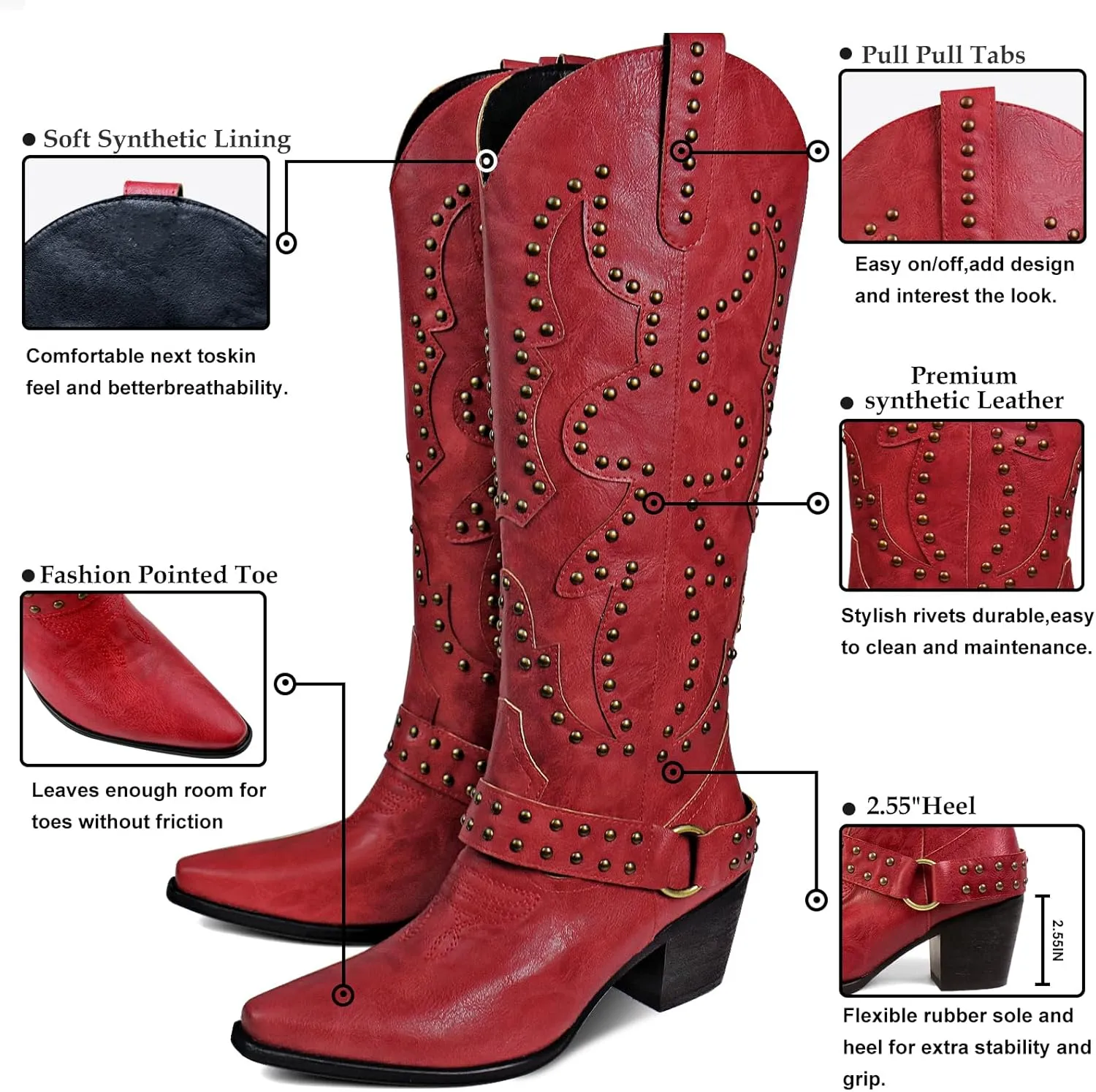Women's Cowboy Boots Cowgirl Knee High Boots Wide Calf Western Boots Pointed Toe Studded Fashion Thigh High Boots