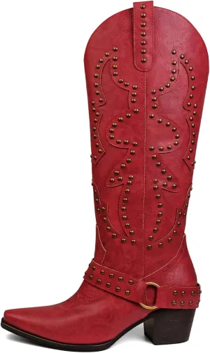 Women's Cowboy Boots Cowgirl Knee High Boots Wide Calf Western Boots Pointed Toe Studded Fashion Thigh High Boots