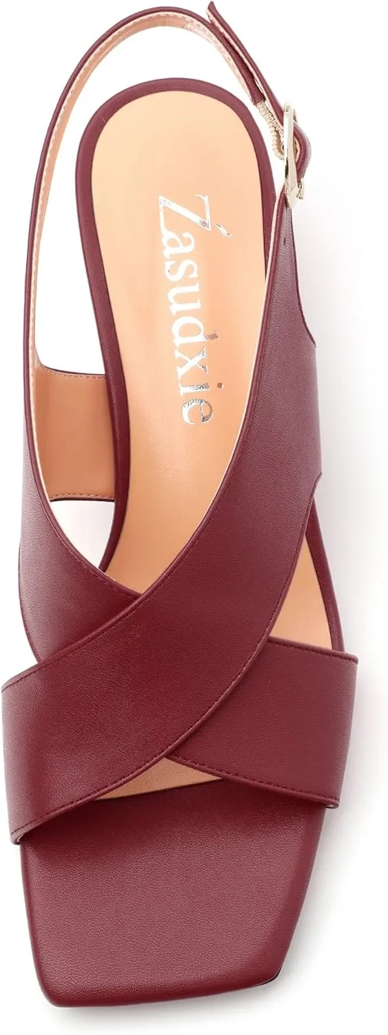 Women's Criss-Cross Strap Slingback Sandals Block Chunky Low Heels Square Open Toe Matte Comfort Casual Dress Shoes 2 Inch