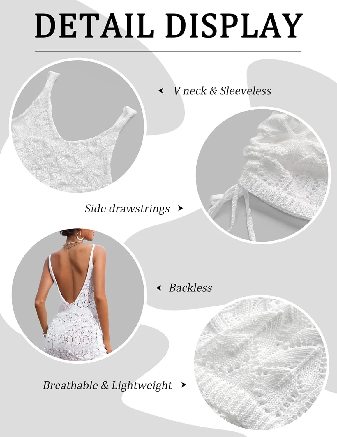 Womens Crochet Swimsuit Coverup Dresses Summer 2025 Backless V Neck Drawstring Bathing Suit Cover Up Mini Dress