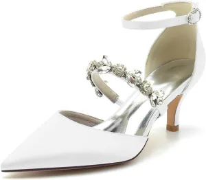 Womens Crystal Pumps Low Kitten Heel Satin Ankle Strap High Heels Pointed Toe Wedding Pumps Party Dress Shoes