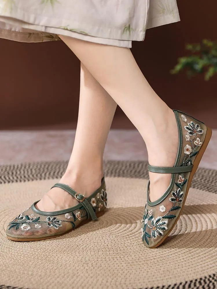 Women's Embroidered Floral Mesh Ballet Flats with Bucklle Straps, Round Closed Toe Mary Jane Flats for Women Ballerina Shoes