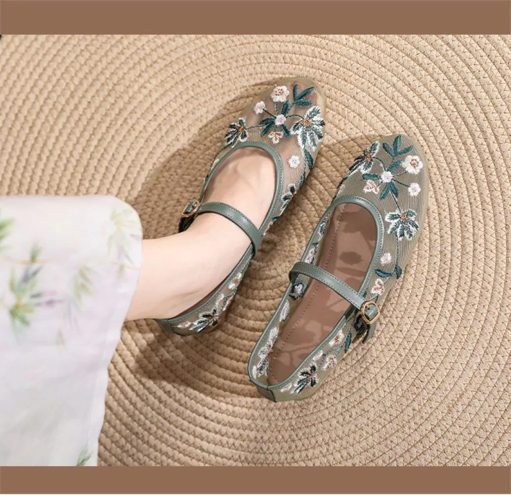 Women's Embroidered Floral Mesh Ballet Flats with Bucklle Straps, Round Closed Toe Mary Jane Flats for Women Ballerina Shoes