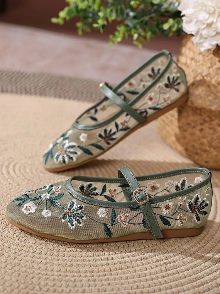 Women's Embroidered Floral Mesh Ballet Flats with Bucklle Straps, Round Closed Toe Mary Jane Flats for Women Ballerina Shoes