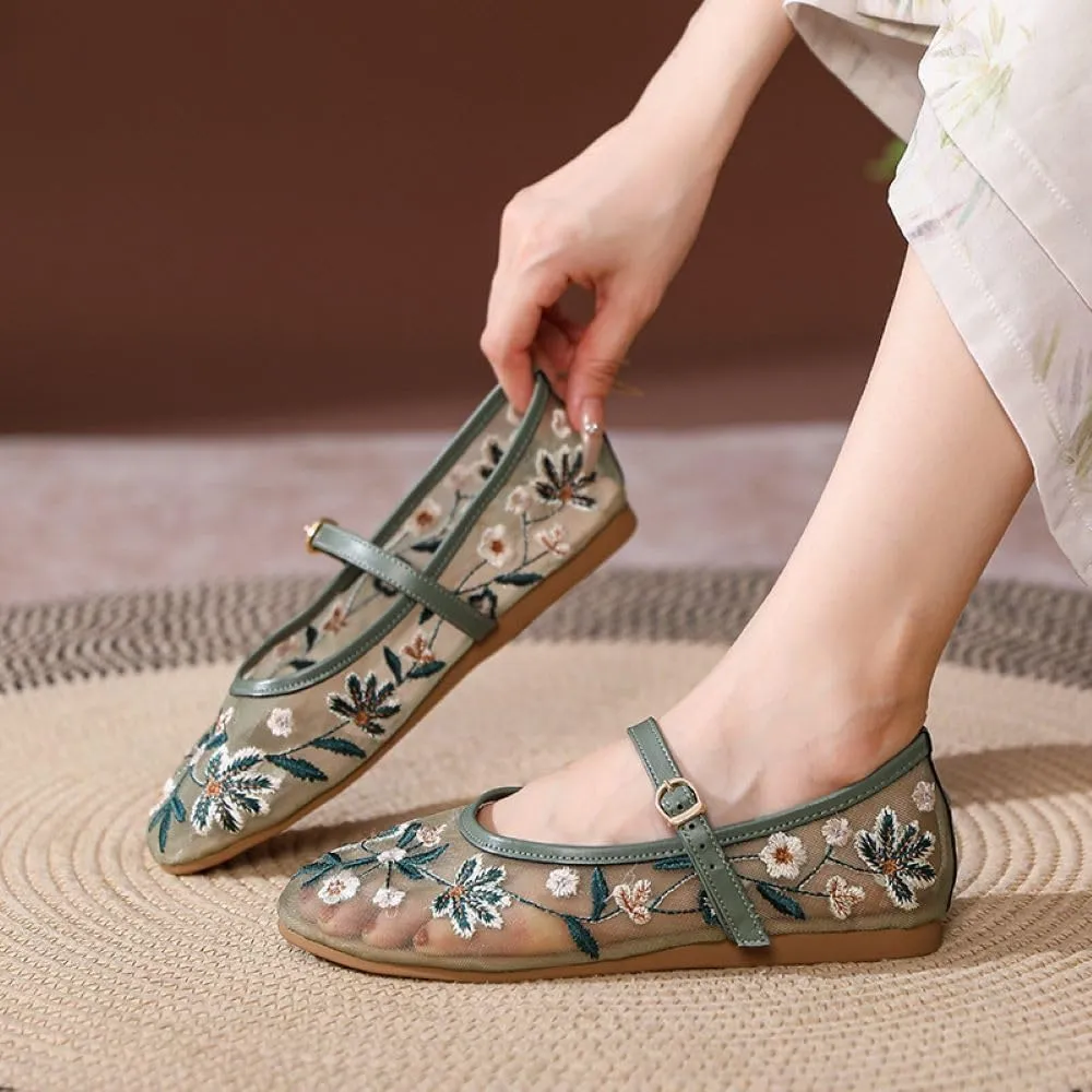 Women's Embroidered Floral Mesh Ballet Flats with Bucklle Straps, Round Closed Toe Mary Jane Flats for Women Ballerina Shoes