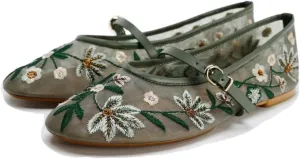 Women's Embroidered Floral Mesh Ballet Flats with Bucklle Straps, Round Closed Toe Mary Jane Flats for Women Ballerina Shoes
