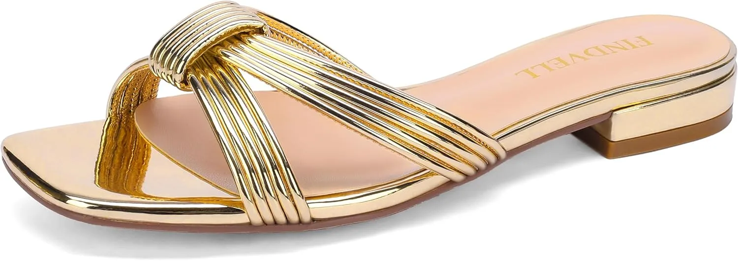 Women's Fashion Flat Slide Sandal Knot Strappy Square Open Toe Sandals Dressy Slippers for Summer