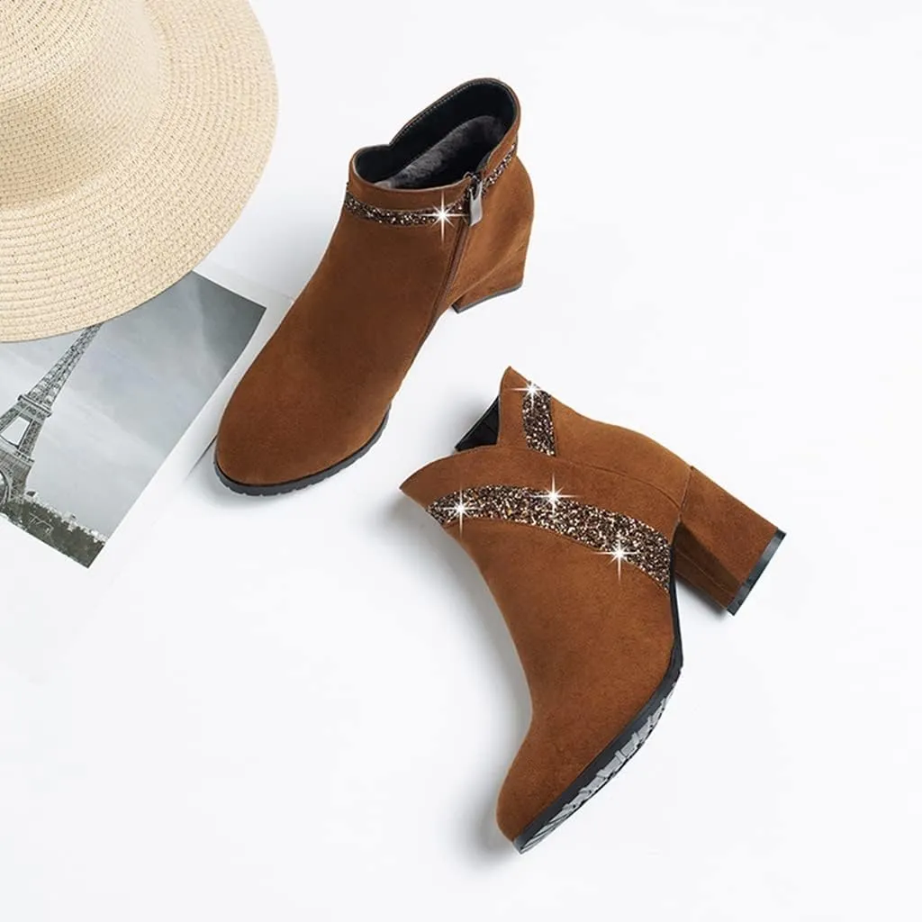 Women's Fashion Glitter Dressy Ankle Boots Round Toe Side Zipper Chunky High Heel Dress Short Booties