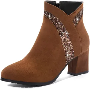 Women's Fashion Glitter Dressy Ankle Boots Round Toe Side Zipper Chunky High Heel Dress Short Booties