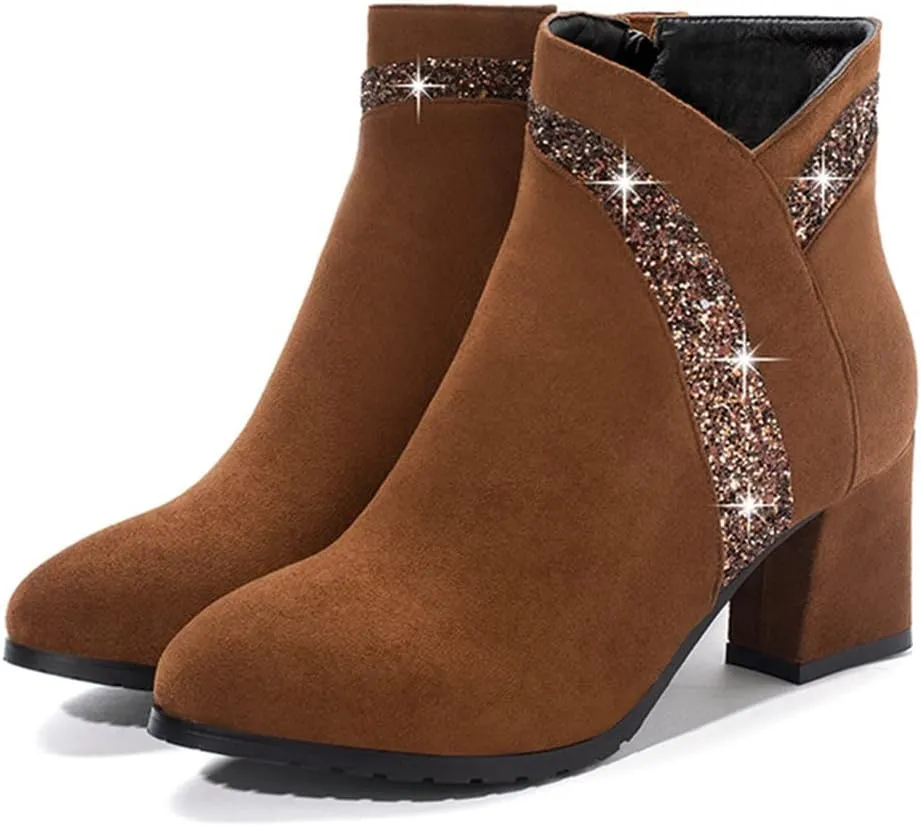 Women's Fashion Glitter Dressy Ankle Boots Round Toe Side Zipper Chunky High Heel Dress Short Booties