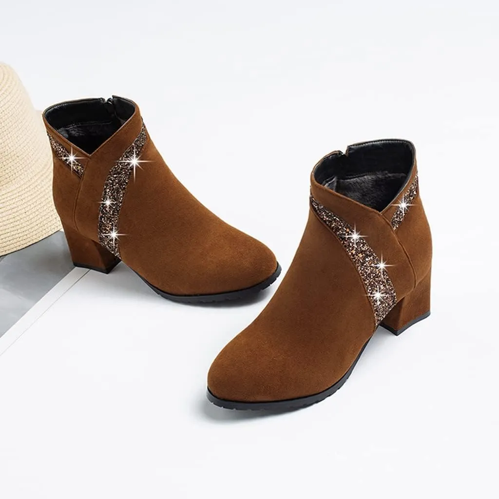Women's Fashion Glitter Dressy Ankle Boots Round Toe Side Zipper Chunky High Heel Dress Short Booties