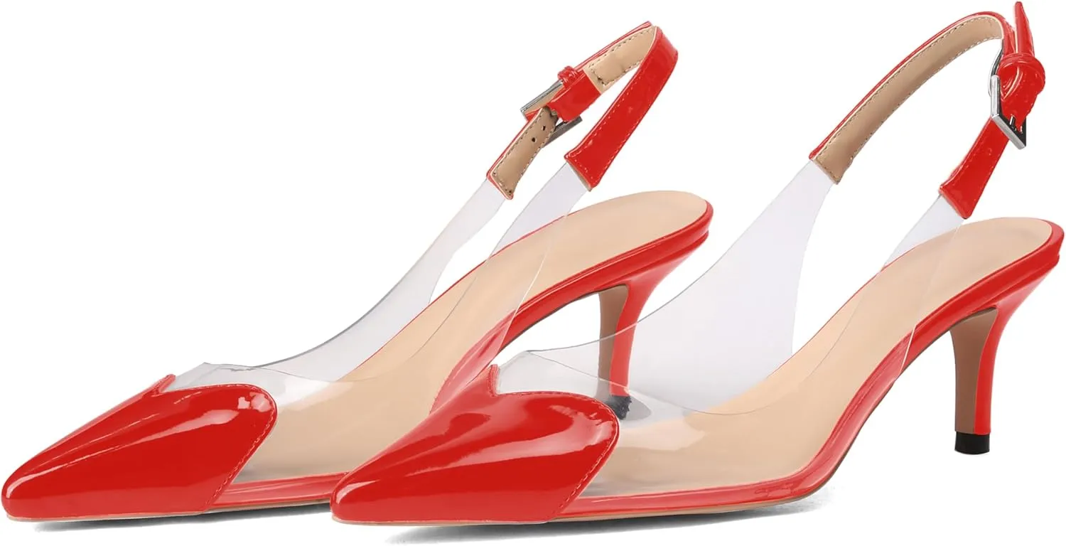 Women's Fashion Pointed Toe Heart Pumps Elegant 6 CM/2.4 Inch Heel Splicing Slingback Kitten Heels Transparent PVC Cute Clear Pumps Closed Toe Wedding Party Dress Shoes