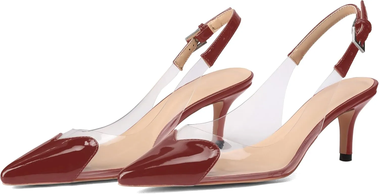 Women's Fashion Pointed Toe Heart Pumps Elegant 6 CM/2.4 Inch Heel Splicing Slingback Kitten Heels Transparent PVC Cute Clear Pumps Closed Toe Wedding Party Dress Shoes