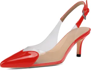 Women's Fashion Pointed Toe Heart Pumps Elegant 6 CM/2.4 Inch Heel Splicing Slingback Kitten Heels Transparent PVC Cute Clear Pumps Closed Toe Wedding Party Dress Shoes