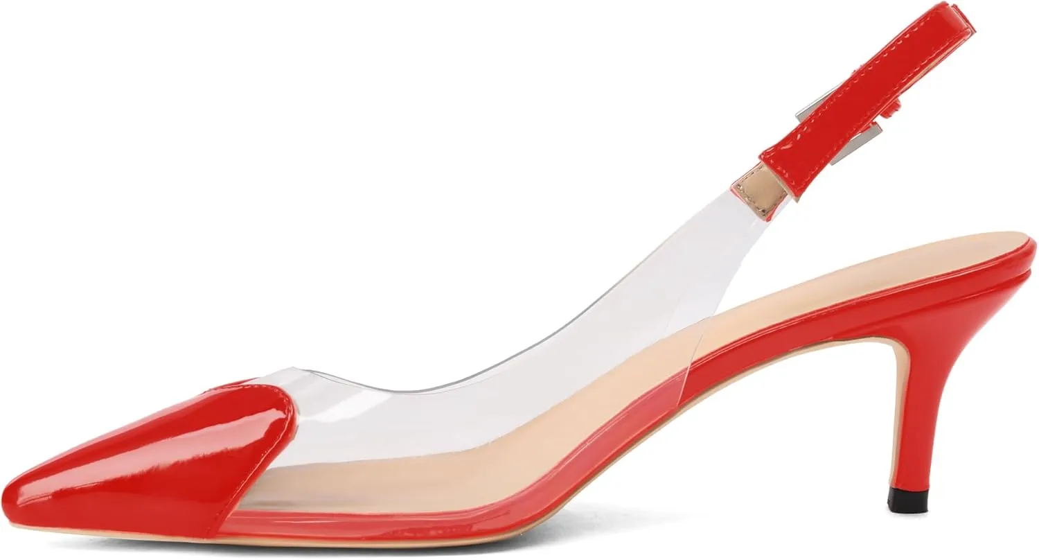 Women's Fashion Pointed Toe Heart Pumps Elegant 6 CM/2.4 Inch Heel Splicing Slingback Kitten Heels Transparent PVC Cute Clear Pumps Closed Toe Wedding Party Dress Shoes