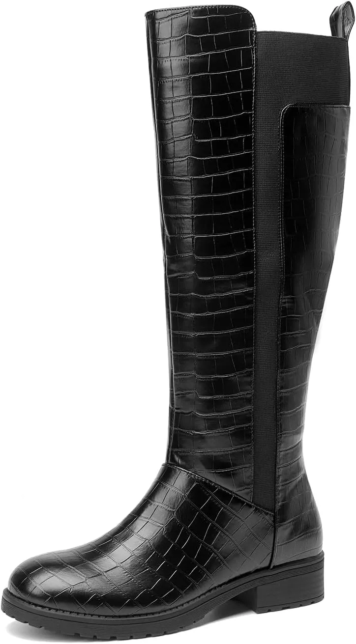 Women's Flat Low Heel Knee High Boot Fashion Extra Wide Calf Boots Side Zip Stretch Winter Booties
